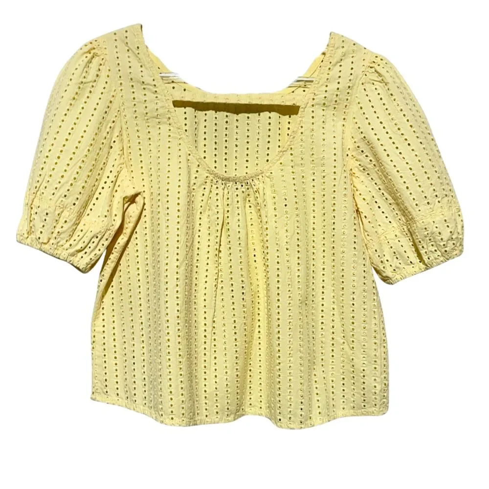 LOFT Butter Yellow Eyelet Cutout Back Bubble Sleeve Top Blouse Small